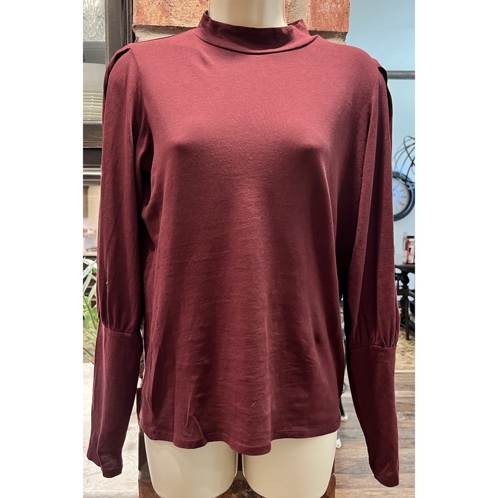 Bobi Mock Neck  Size Small Top Puff Shoulder Bishop Long Sleeve Burgundy Plum